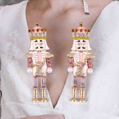 Stylish and Eye-Catching Oversized Alloy Nutcracker Soldier Earrings with Stunning Rhinestone Accents - Unique Creative Jewelry for Women
