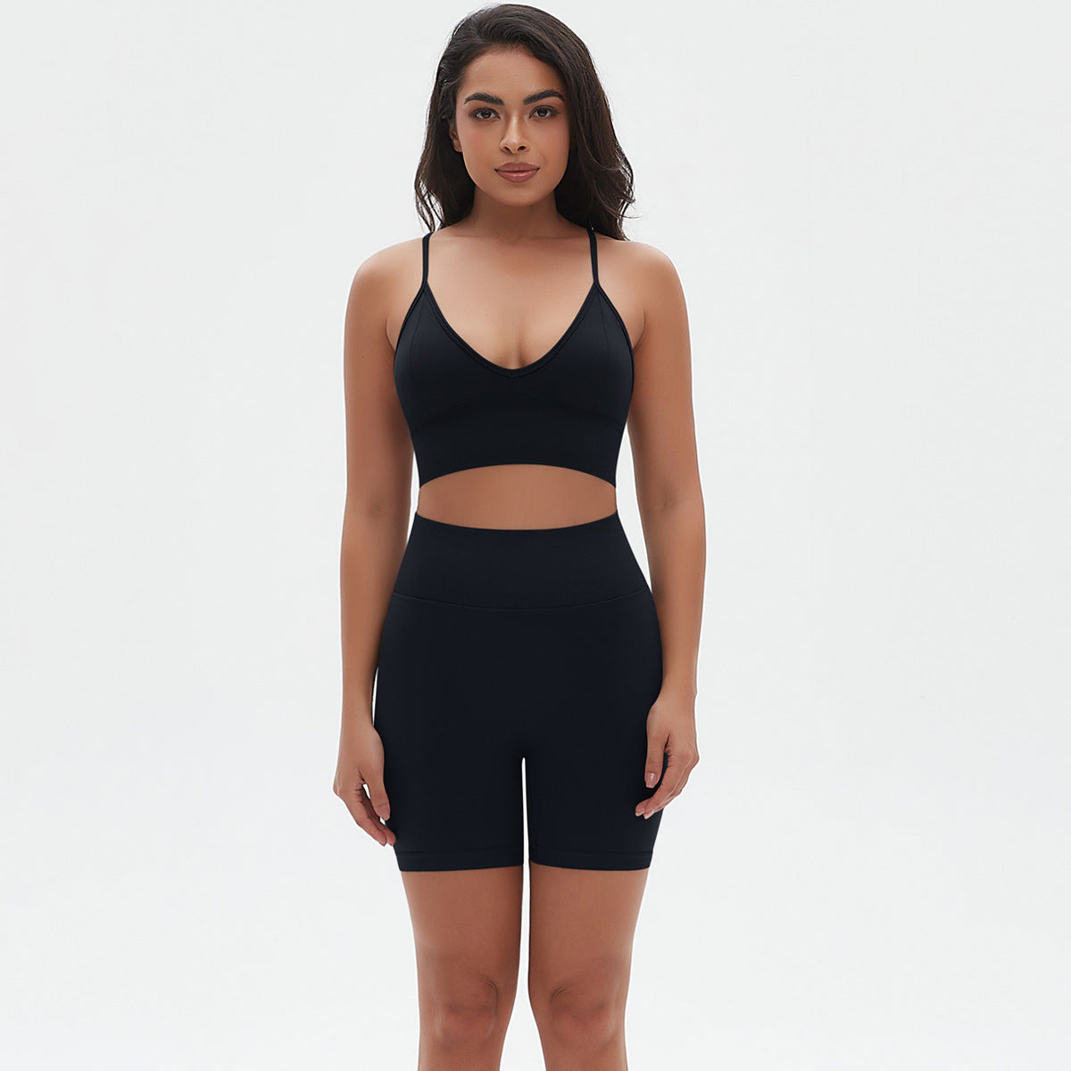 Seamless Low V Neck Bralette with Thin Straps and High Waisted Short Yoga Set for Fitness and Active Lifestyle