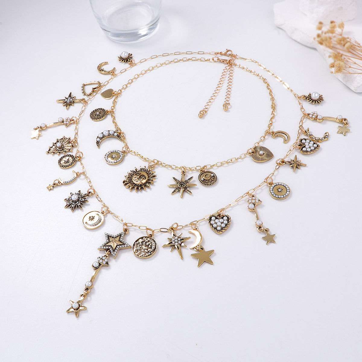 Unique Retro Luxe Gold-Tone Alloy Layered Chain Necklace with Sun, Moon, and Stars Charm for Women – Perfect for Layering, Versatile Fashion Accessory