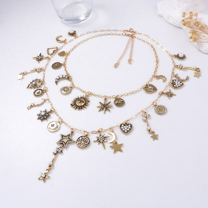 Unique Retro Luxe Gold-Tone Alloy Layered Chain Necklace with Sun, Moon, and Stars Charm for Women – Perfect for Layering, Versatile Fashion Accessory