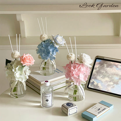 Realistic Korean Rose Flower Arrangement – Elegant Flameless Scented Decorative Piece with Hydrangea, Perfect for Living Room and Dining Table Decor