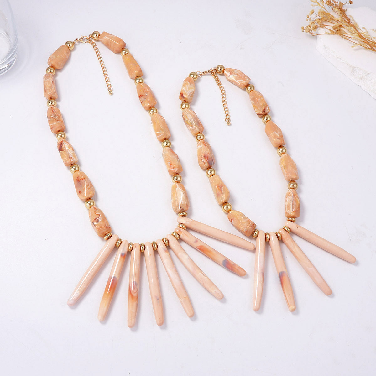Unique Designer Coral and Geometric Resin Necklace - Statement Double-Layered Vacation Style for Standout Fashion Lovers