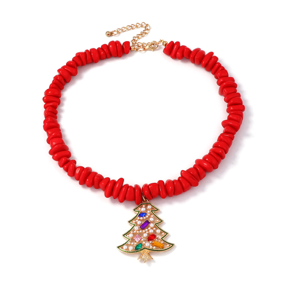 Elegant Minimalist Alloy Christmas Tree Pendant Necklace with Pearl Beads and Rhinestones - Unique Holiday Jewelry Gift