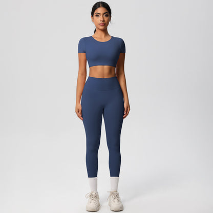 Soft Brushed Fabric Yoga Set with Built in Bra Short Sleeve Top High Waisted Butt Lifting Leggings for Running and Fitness