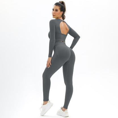 Seamless Knit Round Neck Open Back High Elastic Long Sleeve Yoga Set for Women and Comfortable 2 Piece Workout Ensemble for Running and Training