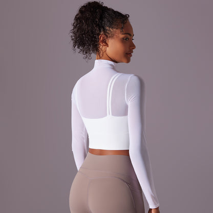 Mesh Long Sleeve High Neck Yoga Top with Built In Bra Two Piece Look for Running Fitness