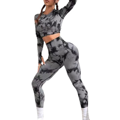 Seamless Tie Dye Workout Set for Women Long Sleeve High Waisted Yoga Clothes with Tummy Control and Butt Lifting Design for Comfort and Style