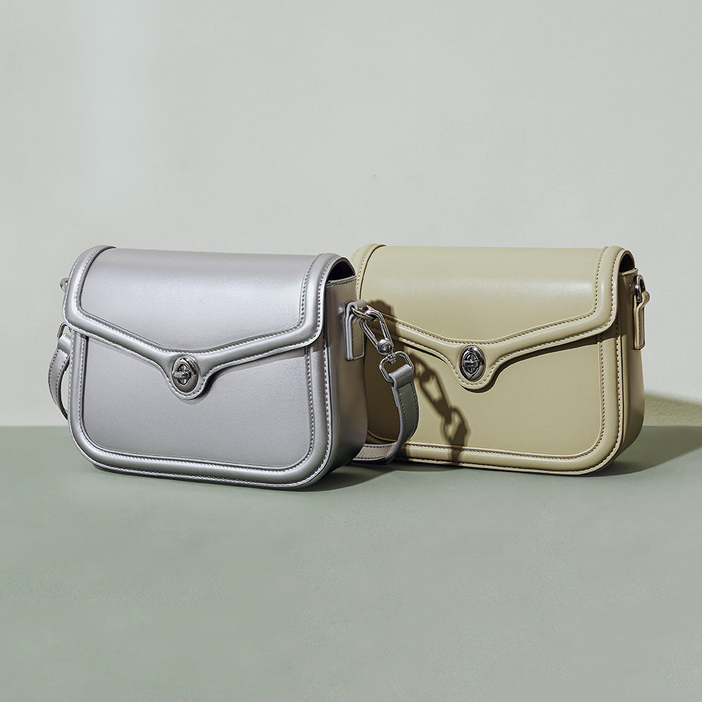 Chic Korean Inspired Designer Tofu Bag Fashionable Silver Lock Closure Real Leather Shoulder and Crossbody Purse for Women