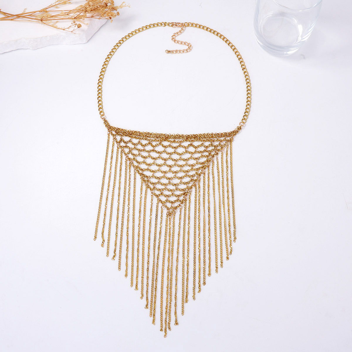 Chic Minimalist Statement Necklace with Metallic Exaggerated Triangle Multi-Strand Chain and Elegant Tassel Details