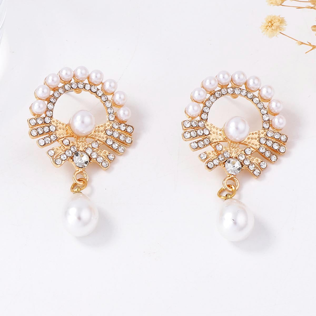 Exquisite Baroque-Inspired Flower Drop Earrings with Imitation Pearls and Sparkling Zirconia for Everyday Elegance
