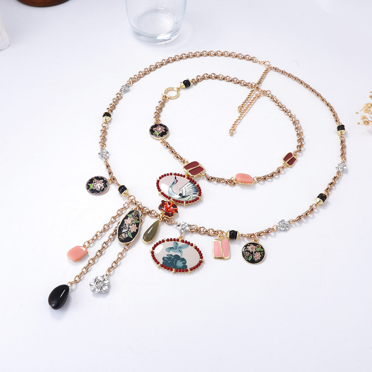 Bohemian Style Alloy Floral & Bird Print Double Layer Tassel Pendant Necklace for Women – Unique, Trendy, and Perfect for Any Occasion
