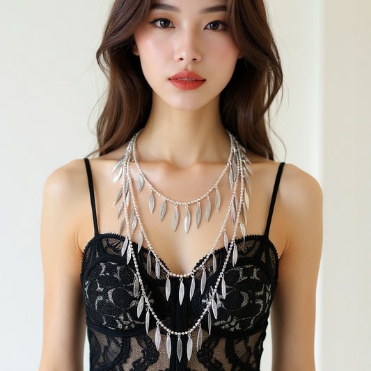 Boho-Chic Beaded Texture Pendant Necklace with Alloy Feather and Leaf Charms - Unique Personality Statement Jewelry for Effortless Style
