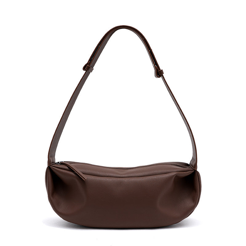 Chic Autumn Retro Dumpling Bag Genuine Leather Women's Shoulder Crossbody Bag with Wide Strap Zipper Closure Unique Design
