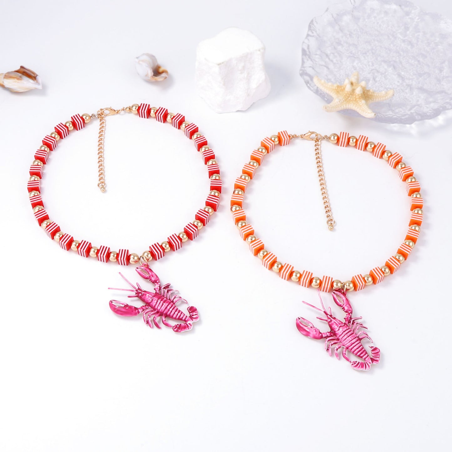 Chic Summer Ocean-Inspired Handcrafted Colorful Beaded Alloy Lobster Pendant Necklace for Women - Versatile and Stylish Accessory
