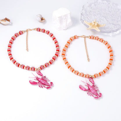 Chic Summer Ocean-Inspired Handcrafted Colorful Beaded Alloy Lobster Pendant Necklace for Women - Versatile and Stylish Accessory
