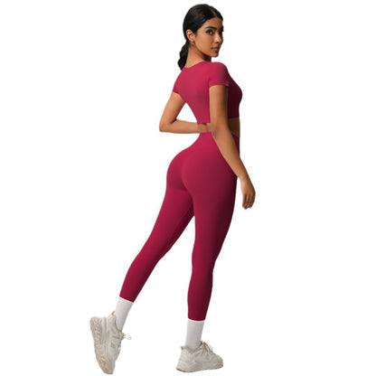 Soft Brushed Fabric Yoga Set with Built in Bra Short Sleeve Top High Waisted Butt Lifting Leggings for Running and Fitness