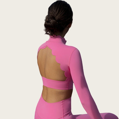 Shell Lace Back Open Back Yoga Top Long Sleeve Breathable Slimming Fit with Built in Bra for Running Fitness and Training