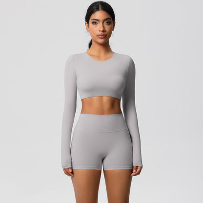 Fitted Long Sleeve Yoga and Pilates Set with Moisture Wicking Compression Shorts for Running and Intense Workouts