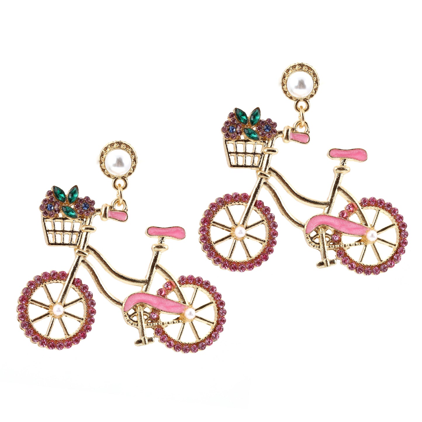 Charming Pearl and Rhinestone Bicycle-Inspired Zinc Alloy Cutout Earrings – Stylish, Lightweight, and Perfect for Everyday Wear