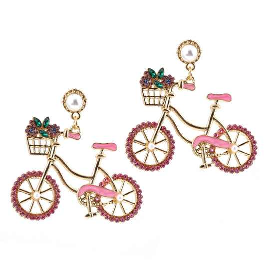 Charming Pearl and Rhinestone Bicycle-Inspired Zinc Alloy Cutout Earrings – Stylish, Lightweight, and Perfect for Everyday Wear