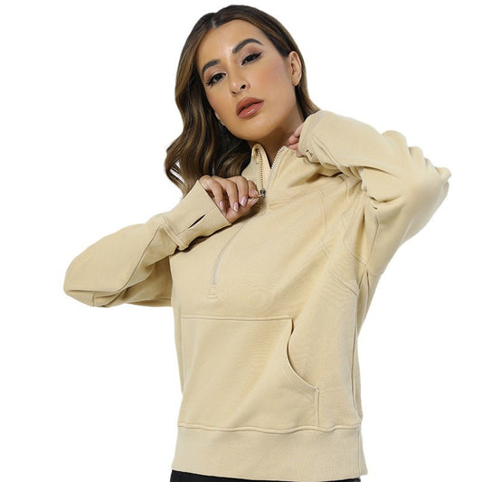 Women's Fleece Lined Hooded Half Zip Sweatshirt for Outdoor Running and Warm Yoga Comfortable and for Fitness Enthusiasts