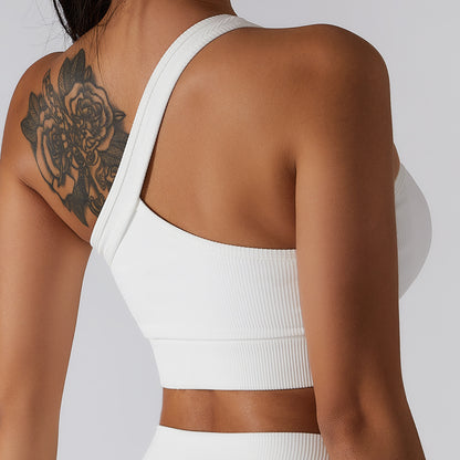 Spring Summer Ribbed One Shoulder Yoga Bra Seamless Fitness Crop Top with Beautiful Back Design for Everyday Wear and Active Workouts