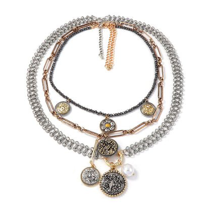 Exaggerated Casual Alloy Geometric Badge Coin Floral Pendant Multi-Layer Chain Necklace for Women - Trendy, Versatile, and Eye-Catching Statement Jewelry