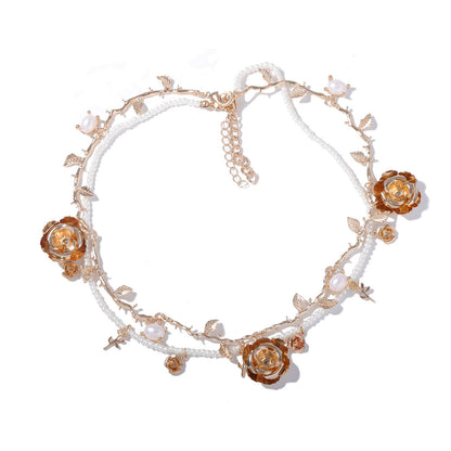 Chic Vintage-Inspired Layered Pearl Rose Flower Necklace - Elegant Multi-Layered Design for Effortless Style