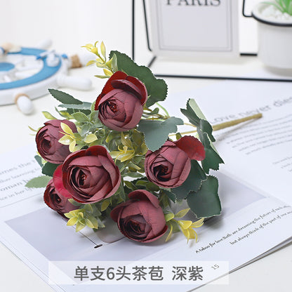 Realistic 6-Head Tea Bud Rose Artificial Flowers for Stunning Home Decor, Wedding Decorations, Photography Props, and Floral Arrangements