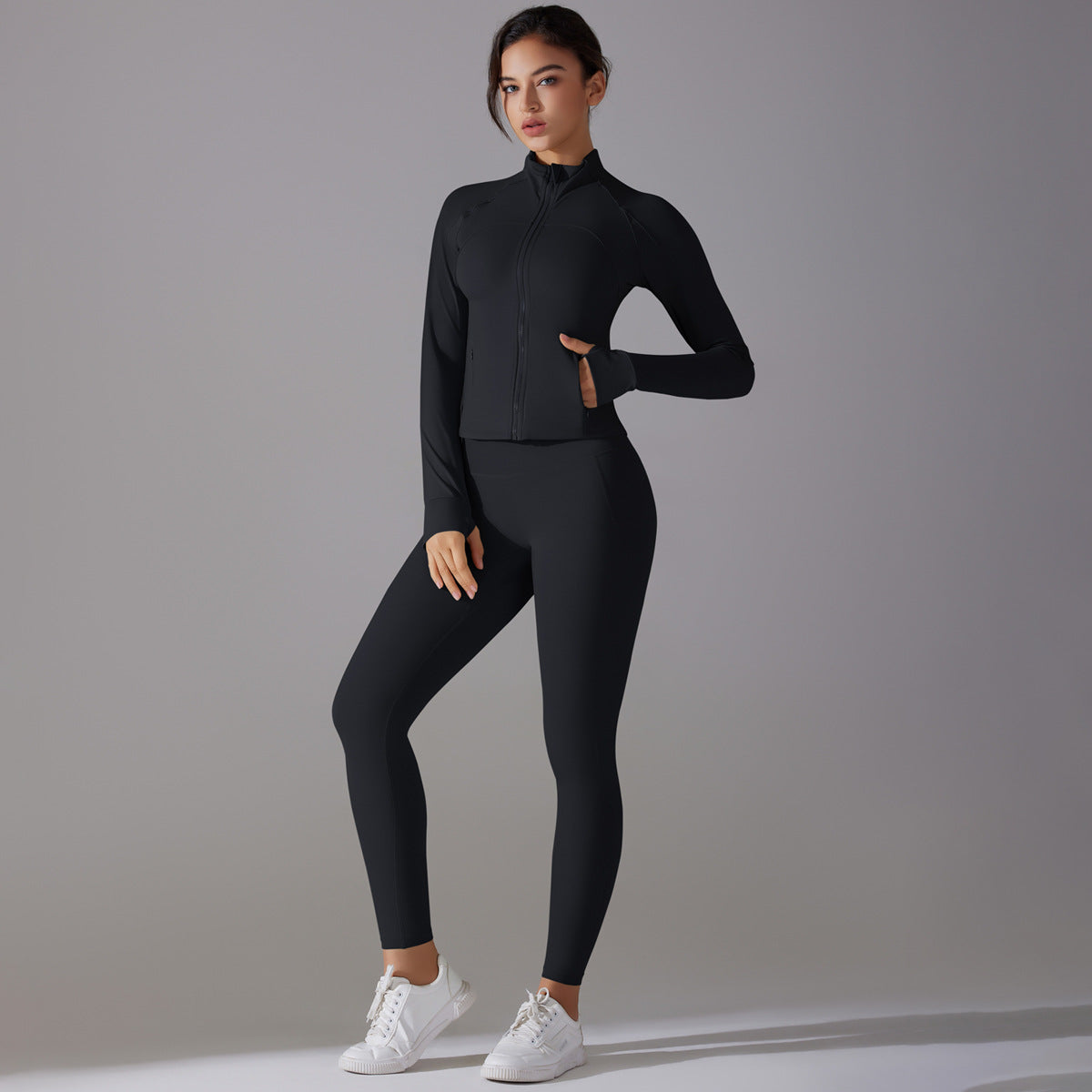 Solid Color Antibacterial Zipper Jacket and Yoga Pants Set for Comfort in Running and Fitness Two Piece Athletic Wear