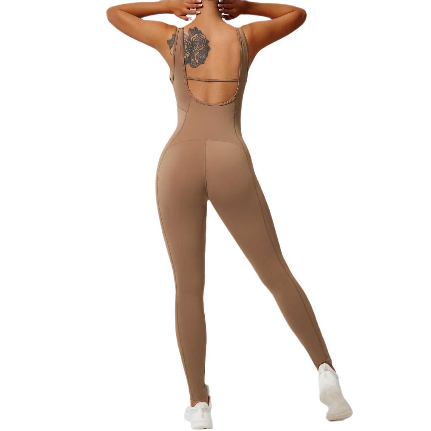 Women's Bodysuit Yoga Outfit with Built in Chest Padding Body Shaping Design and Peach Lifted Long Pants