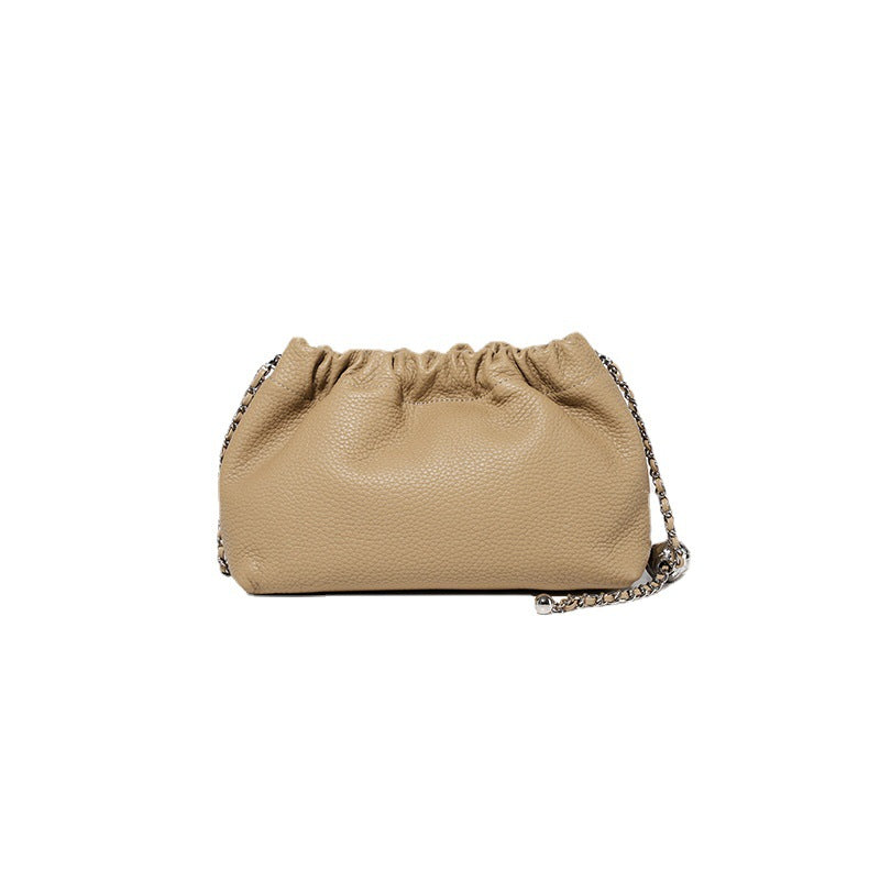 Large Capacity Top Grain Leather Underarm Bag Chic Korean Style Durable Round Chain Cloud Bag for Everyday Elegance