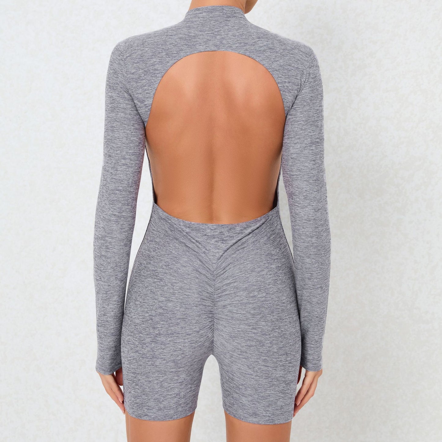 Chic Open Collar Zipper Back Long Sleeve Bodysuit Dance Fitness and Yoga Outfit for Women Form Fitting and Activewear