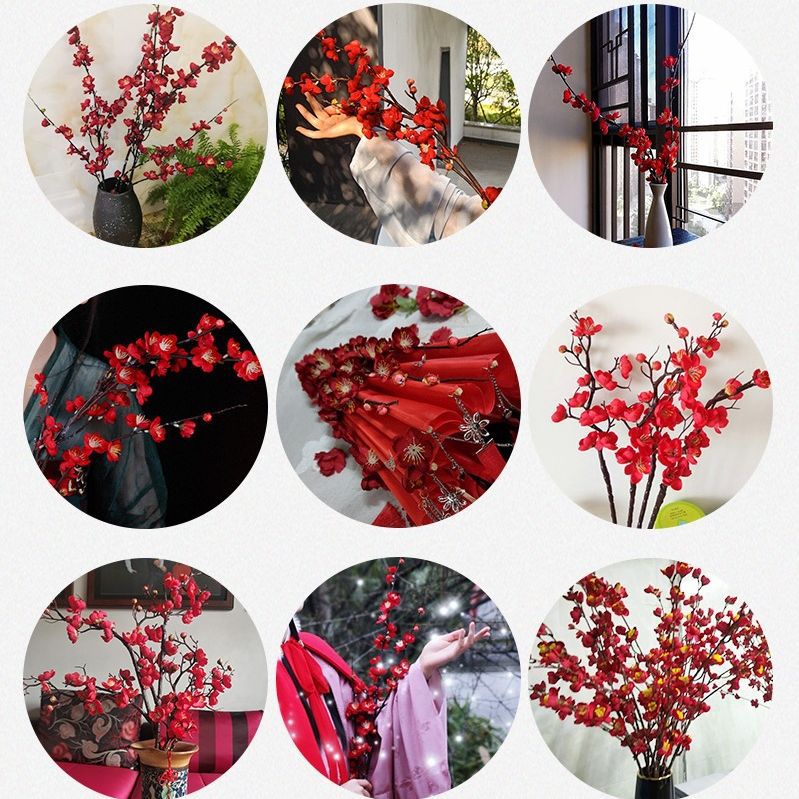 Realistic Plum Blossom Branch Faux Flower Bouquet - Elegant Plastic Home Decor for Living Room Vase Arrangements