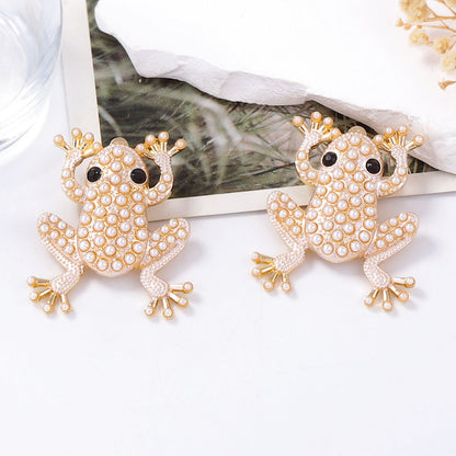 Exquisite Creative Alloy Frog Ear Studs with Shimmering Zircon and Imitation Pearl - Unique Animal-Inspired Jewelry for Stylish Women