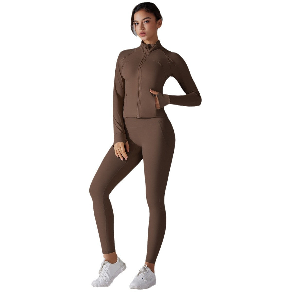 Solid Color Antibacterial Zipper Jacket and Yoga Pants Set for Comfort in Running and Fitness Two Piece Athletic Wear