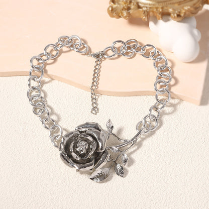 Creative 3D Exaggerated Alloy Rose Pendant Necklace - Unique, Minimalist, and Versatile Design for Every Occasion