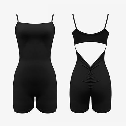 Chic Autumn Winter Bodysuit Adjustable Spaghetti Strap Romper with Back Cut Out V Cut Waist and Ruching for Yoga and Casual Wear