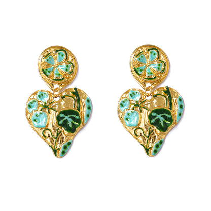 Exquisite Vintage-Inspired Palace-Style Oil Painting Alloy Drop Heart Flower Earrings – Bold Floral Design for Elegant Statement Jewelry