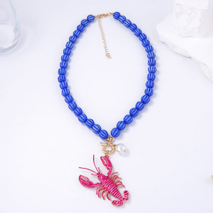Alloy Lobster Pendant Beaded Necklace – Perfect for Beach Vacations, Boho Style Jewelry for Women, Ocean-Inspired Accessories for Coastal Fun