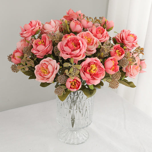 Elegant European-Inspired Faux Rose Bouquet with 7 Head Snowflake Peonies - Perfect for Living Room and Coffee Table Décor