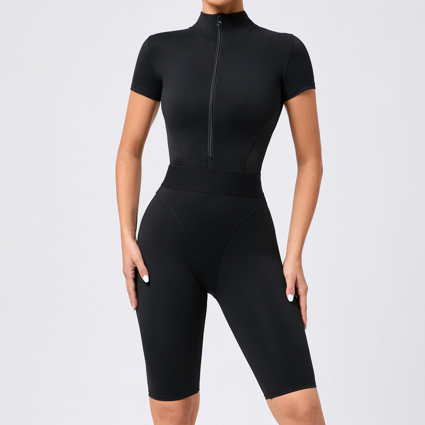 Women's Shaping Zipper Short Sleeve Yoga Bodysuit with Open Collar for Fitness and Workout Mesh Design for Comfort and Support