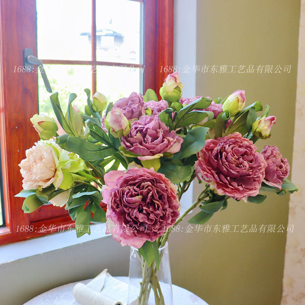 Stunning 3-Head Realistic Faux Peony and Begonia Floral Arrangement - Luxurious Silk Flower Décor for Living Room, Weddings, and Events