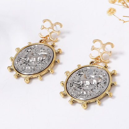 Elegant Minimalist Alloy Geometric Badge Coin Pendant Earrings – Versatile Everyday Dangle Earrings for Women, Perfect for Office and Casual Outfits