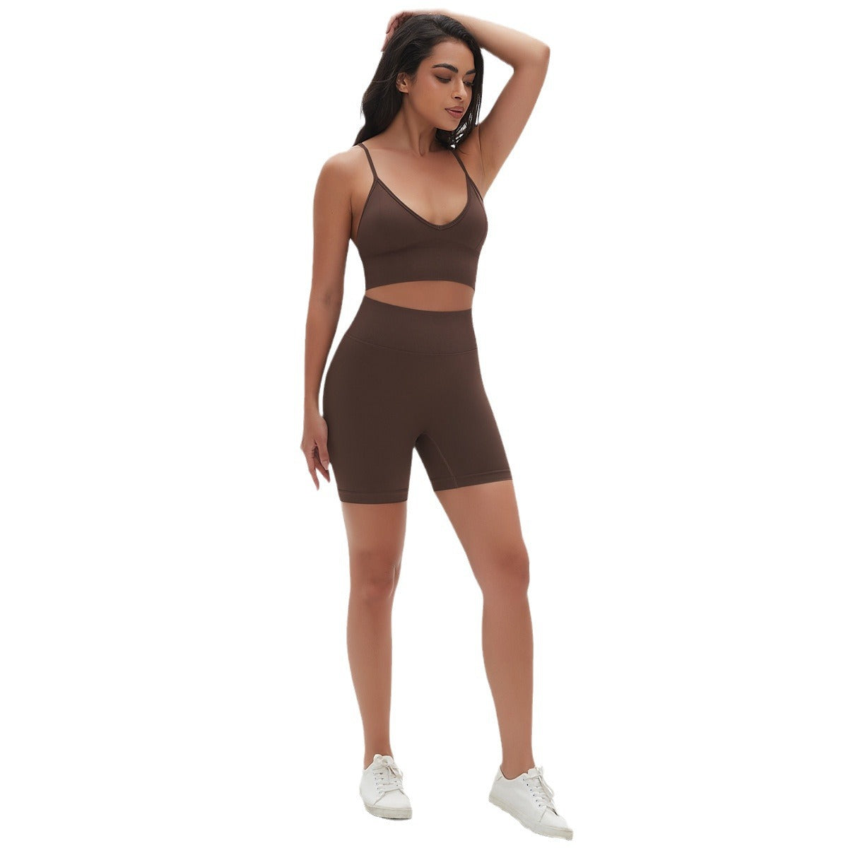 Seamless Low V Neck Bralette with Thin Straps and High Waisted Short Yoga Set for Fitness and Active Lifestyle