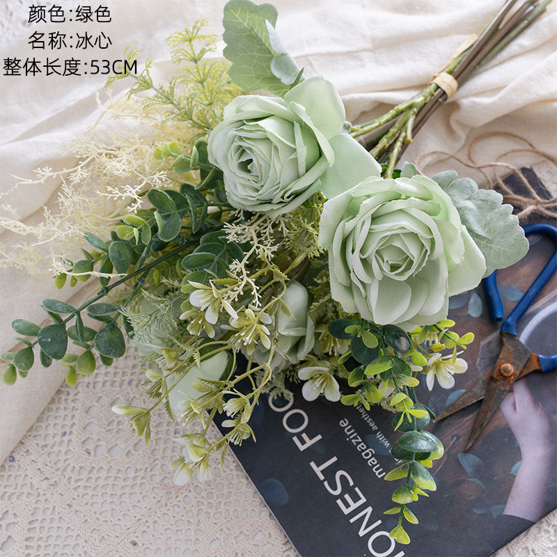 Realistic INS Style Ice Heart Rose Bouquet - Elegant Faux Flower Arrangement with Lush Greenery - Perfect for Home Decor, Weddings, and Gift Giving - Model YC1035