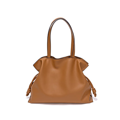 Minimalist Korean Inspired Genuine Leather Women's Bag Unique Wrinkled Design Tote with Drawstring Closure for Everyday Use