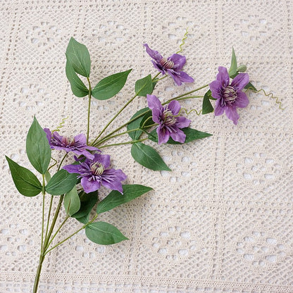 Realistic Heavy Petal Clematis Flower - Single Stem with 5 Blooms - Perfect for Home Décor, Weddings, and Event Decorations