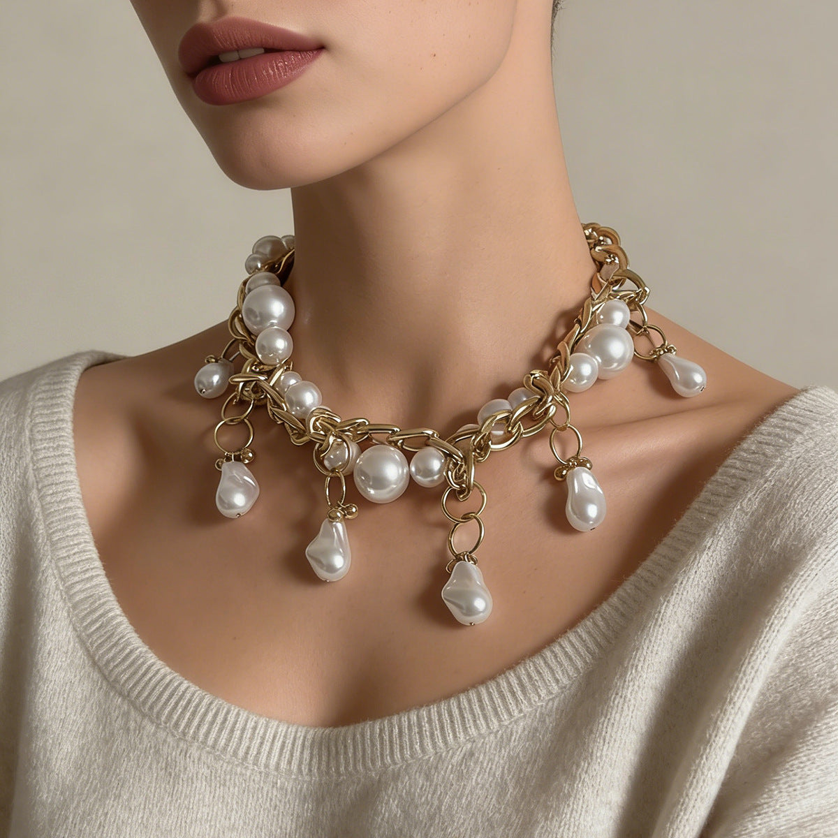Luxurious Baroque-Inspired Statement Necklace for Women – Exquisite Faux Pearl and Geometric Woven Design with Bold Chain for a Sophisticated Look