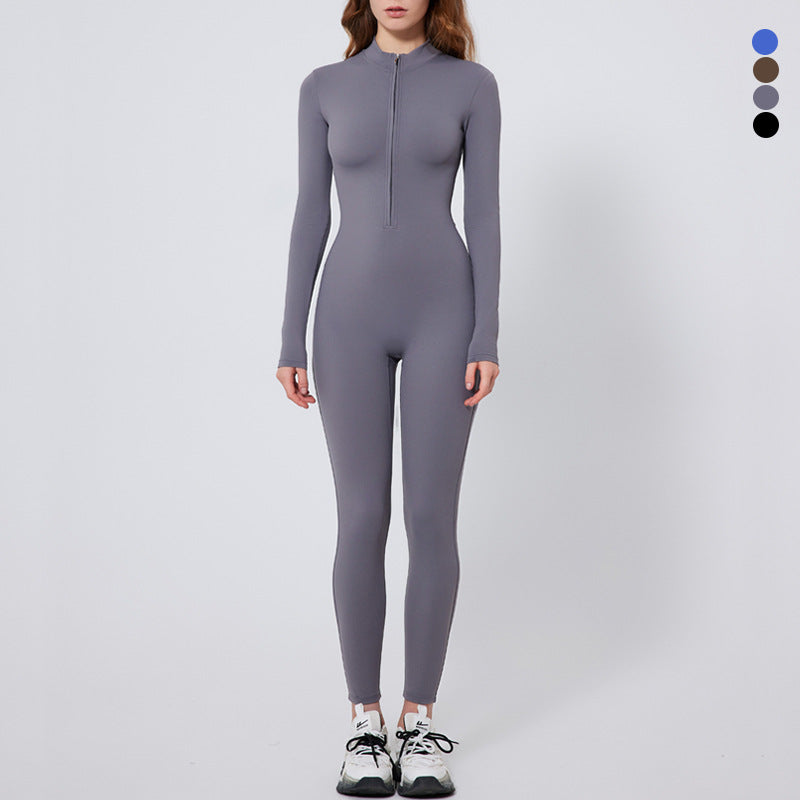 Women's Long Sleeve Yoga Jumpsuit for Outdoor Running Zip Up Fitness Bodysuit One Piece Activewear for Comfort and Performance